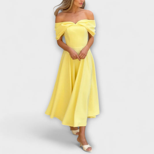 Romy – Chic maxi šaty s odhalenými ramenami a drapovaním
