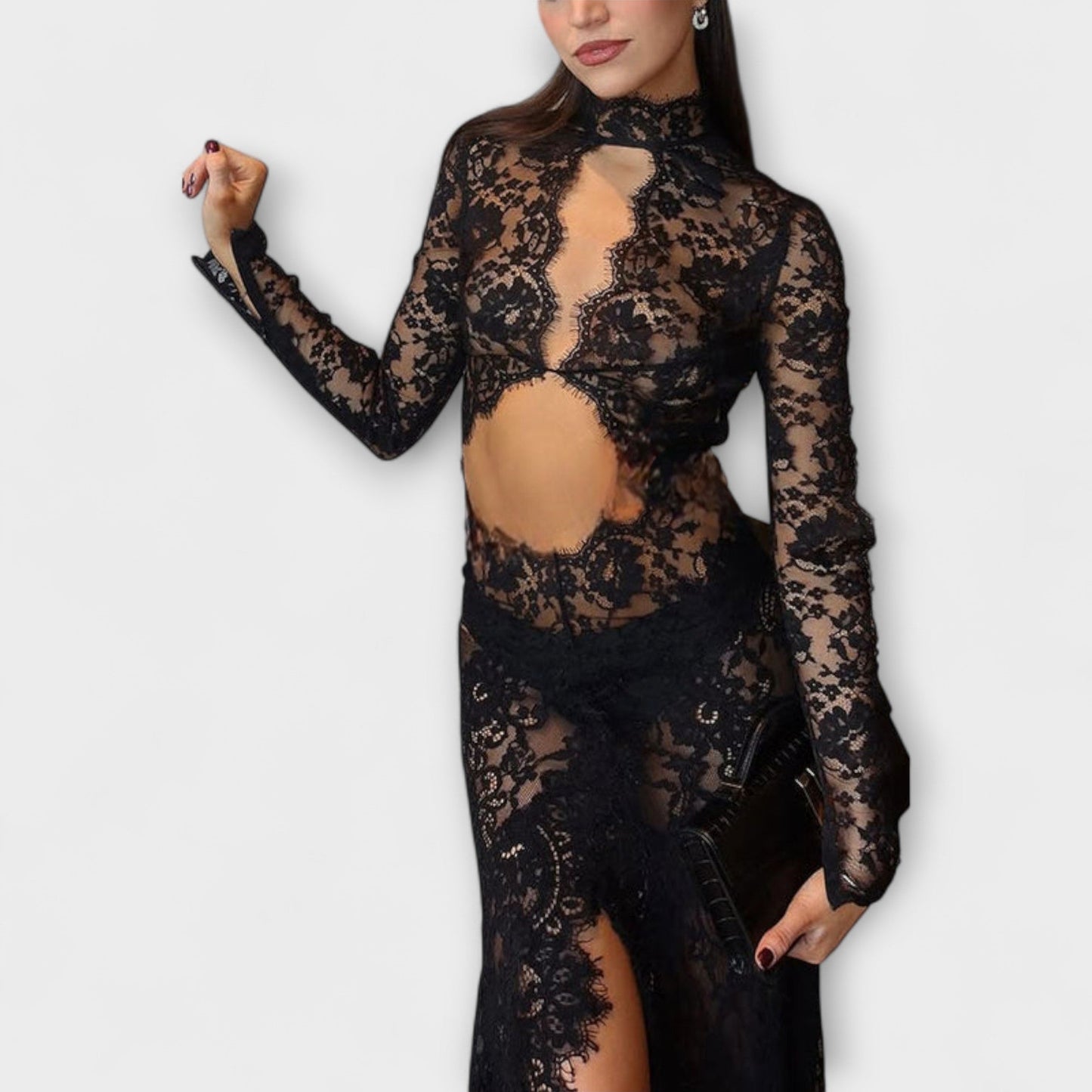 Azalea - Midnight Elegance Priehľadný Výrez Dlhé Rukávy Strečové Maxi Šaty