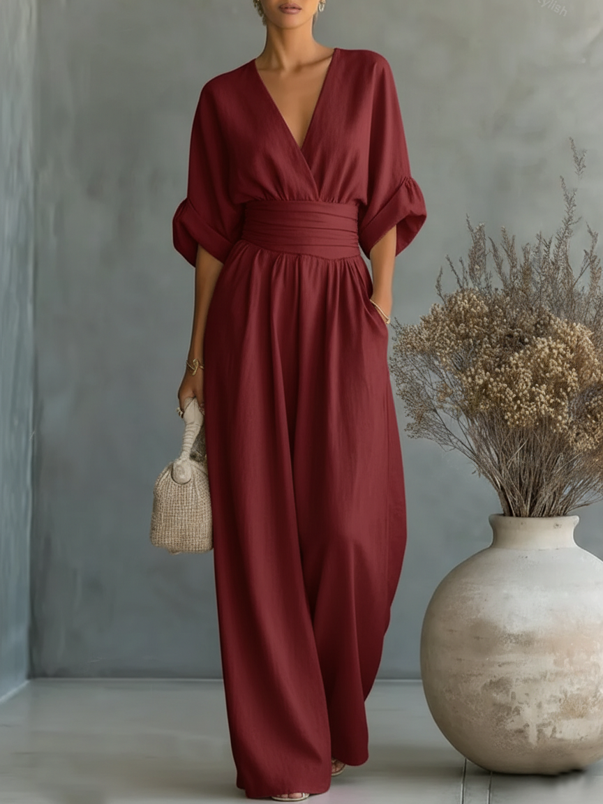Elegantní, V-výstřih, vysoký pas, široké nohavice overal
