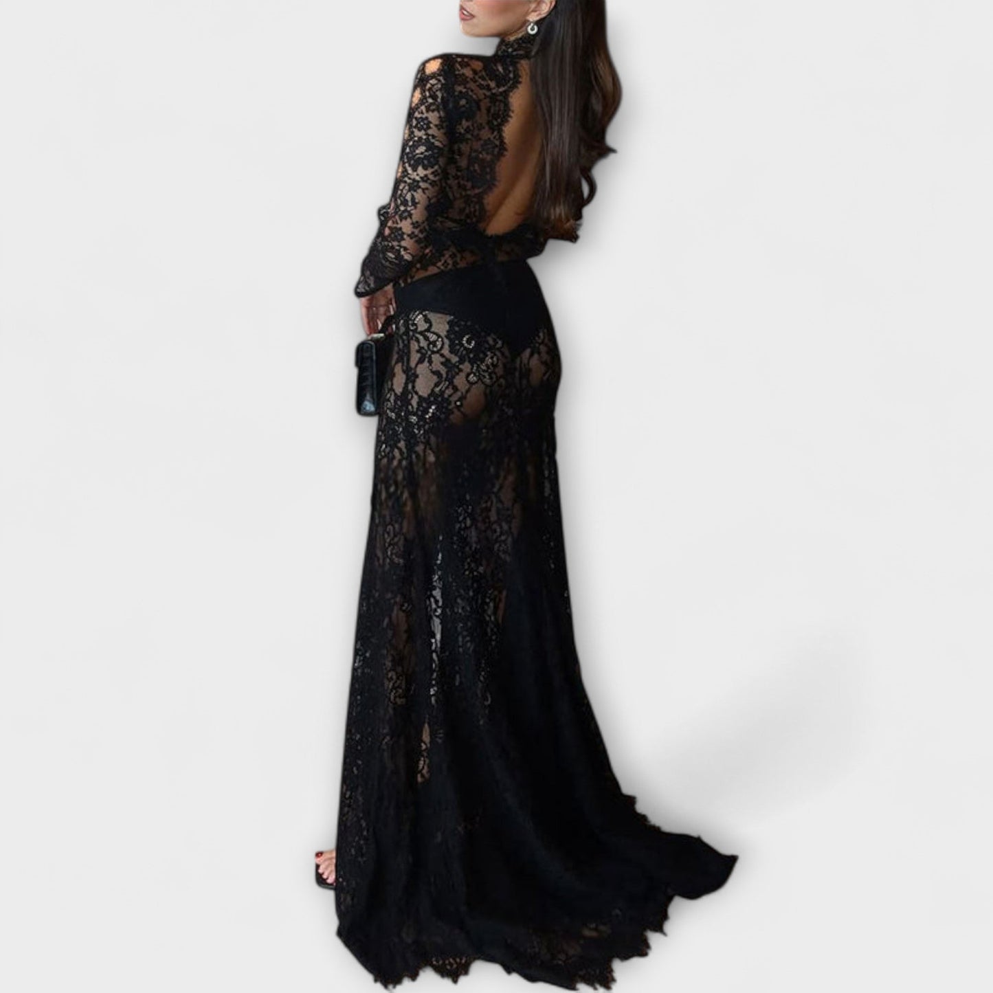 Azalea - Midnight Elegance Priehľadný Výrez Dlhé Rukávy Strečové Maxi Šaty