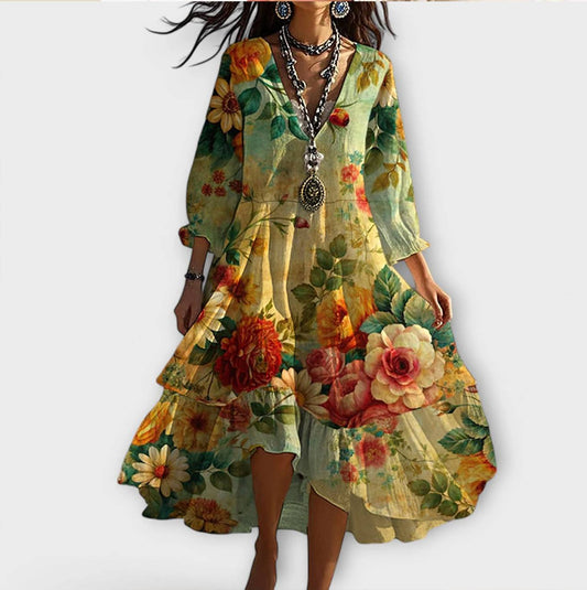 Marina - Vintage Boho kvetinové šaty s výstrihom do V