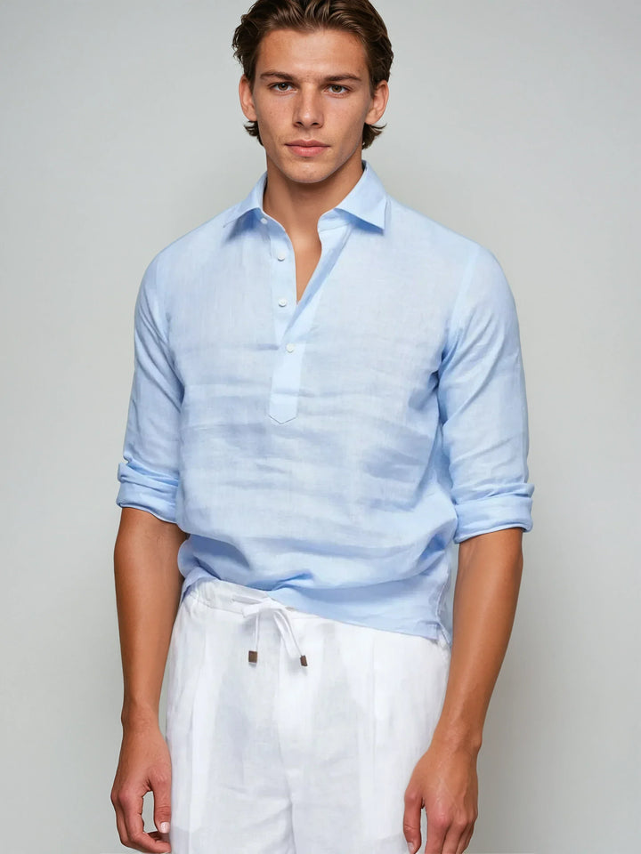 Lněná Pop-over Košile - Světle Modrá