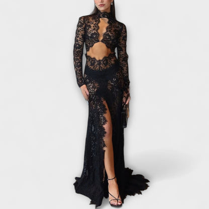Azalea - Midnight Elegance Priehľadný Výrez Dlhé Rukávy Strečové Maxi Šaty