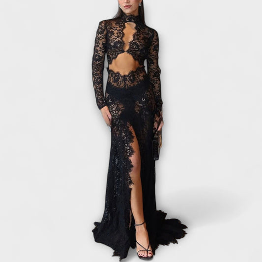 Azalea - Midnight Elegance Priehľadný Výrez Dlhé Rukávy Strečové Maxi Šaty