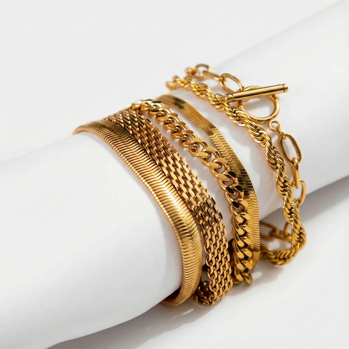 Tereza – Zlatý náramek s dvojitým řetězovým efektem.